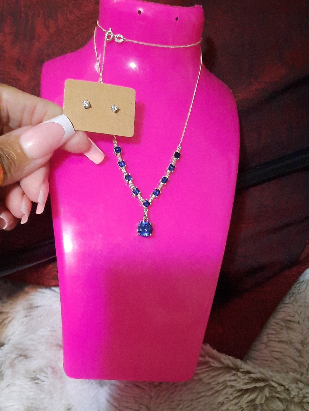Elegant VICTORIAN Blue Sapphire CZ Necklace & Studs Set Solid Sterling Silver